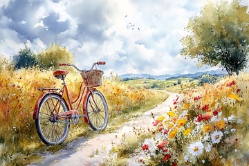 Fototapeta premium Whimsical Bicycle Adventure Through Vibrant European Countryside
