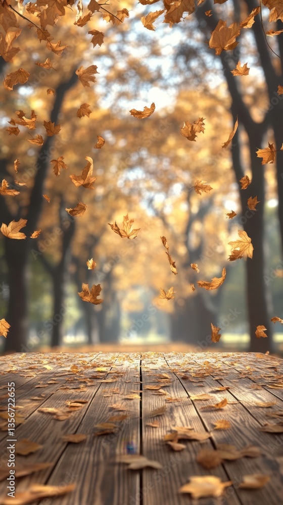 Poster captivating autumn scene with falling leaves on a wooden surface in a serene park setting with blurr