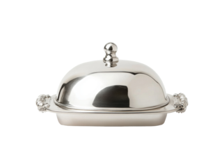 Elegant silver butter dish adds sophistication to dining table  on Transparent Background