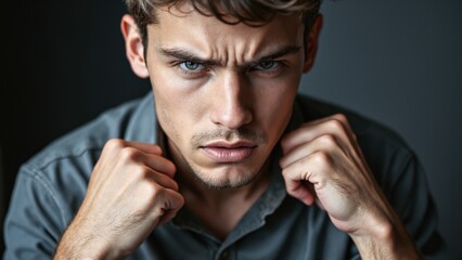 Fototapeta premium A young man with sharp facial features. The emotion in his face is intense, making the viewer feel his anxiety