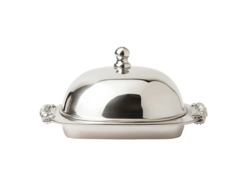 Elegant silver butter dish adds sophistication to dining table  on Transparent Background