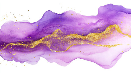 Mauve liquid purple watercolor with golden glitter lines isolated on white background.