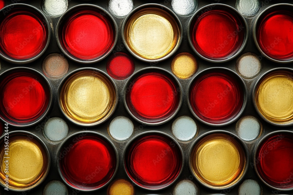 Poster colorful arrangement of glass jars filled with red and gold liquids creating an eye-catching display