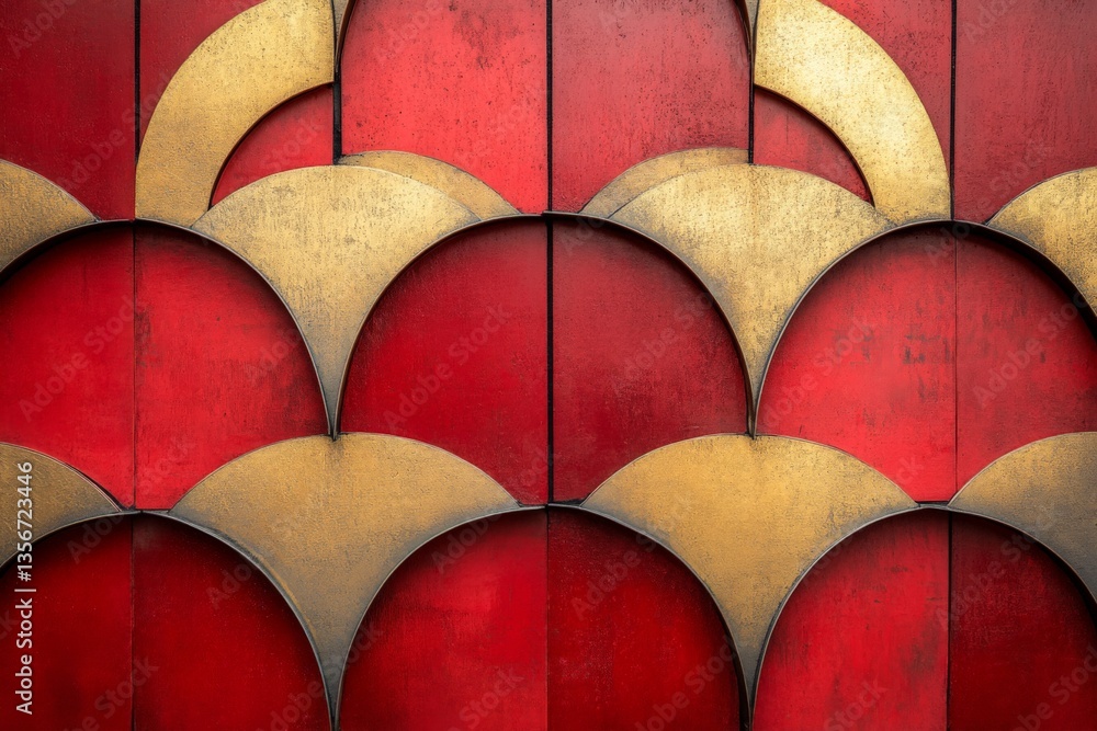 Poster intricate design with red and gold arches creates a striking visual in contemporary art
