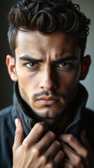 Obraz premium A young man with sharp facial features. The emotion in his face is intense, making the viewer feel his anxiety