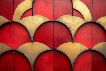 Intricate design with red and gold arches creates a striking visual in contemporary art