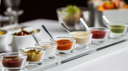 Various sauces elegantly arranged in small glass containers enha