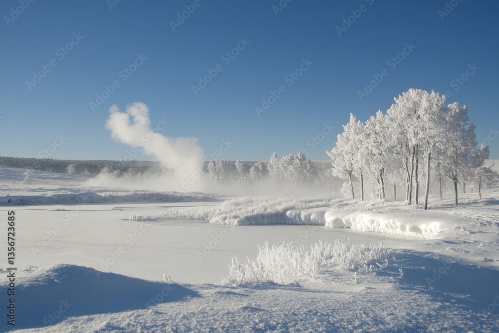 Poster winter landscape featuring steaming geysers and frosty trees in a serene snowy setting