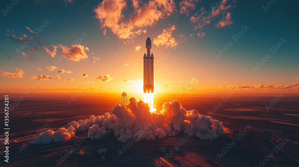 Poster rocket engines ignite as the vehicle ascends into a vibrant sunset sky, marking the beginning of an 
