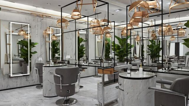 Modern hair salon interior with styling stations, mirrors, chairs, and decorative plants