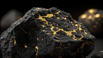 Golden Veins in Stone: A captivating close-up reveals a dark stone, intricately veined with shimmering gold, symbolizing wealth and geological wonder.