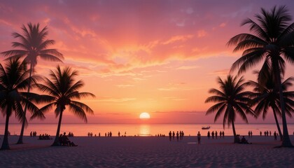Obraz premium The beach is at sunset, where the sun sinks below the horizon, coloring the sky in orange and pink tones. Palm trees frame the stage, people are enjoying relaxing on the light sand.