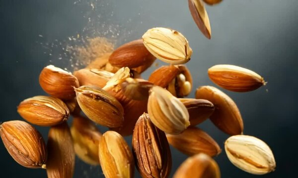 Damage and bad-quality almonds falling on a black background