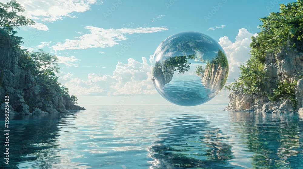 Poster floating transparent sphere over calm ocean with futuristic utopia inside