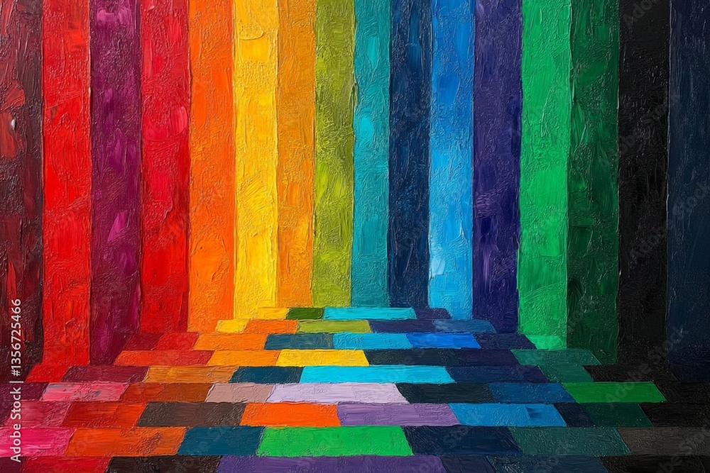 Poster vibrant abstract painting featuring a gradient of colors and bold geometric shapes in a contemporary