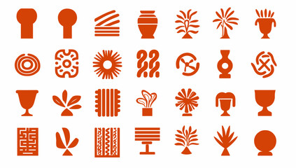 Collection of Stylized Symbols: A vibrant array of abstract and stylized symbols, featuring geometric shapes and nature-inspired motifs, forming a rich pattern in this illustration.