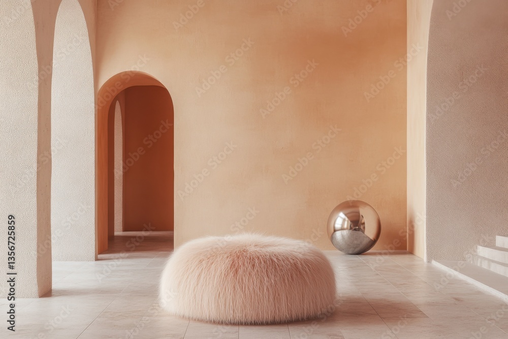 Poster minimalist interior design, a light pink fluffy fur circular ottoman in the middle of a large empty 