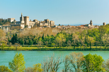 Panorama of historic Avignon and Papal Palace on Rhone river, Provence, France