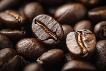 Naklejka premium Close-up view of roasted coffee beans with rich texture. Neural network AI generated