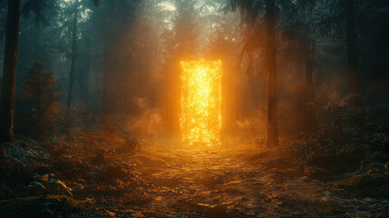 Glowing ancient doorway in misty forest leading to vibrant alien world with ethereal light