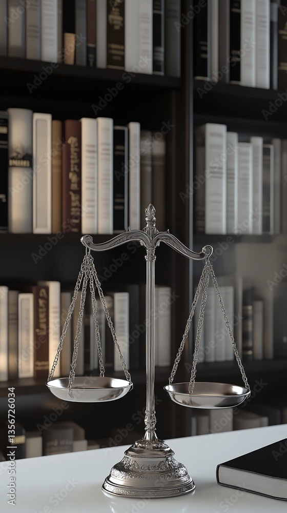 Poster silver scale of justice on desk with bookshelf background