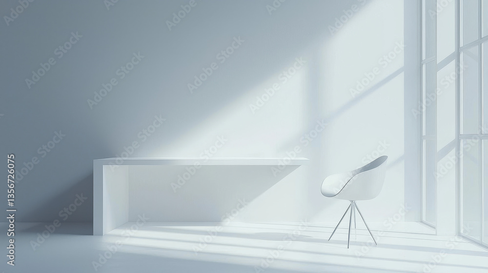 Poster minimalist workspace featuring sleek chair and white desk with soft shadows in modern setting