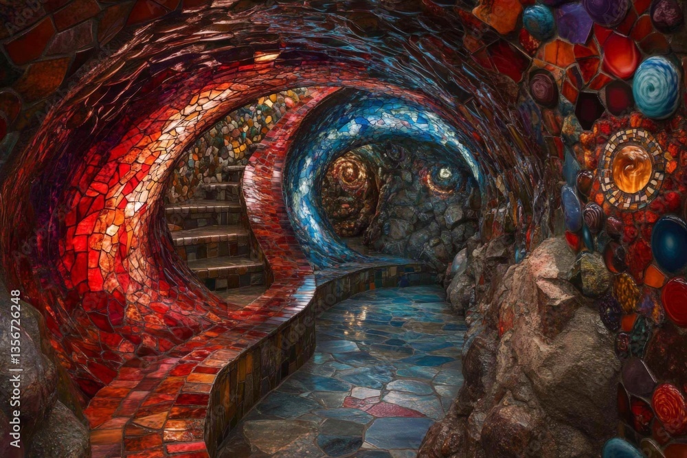 Fototapete colorful mosaic tunnel with unique textures and vibrant patterns in a creative architectural space