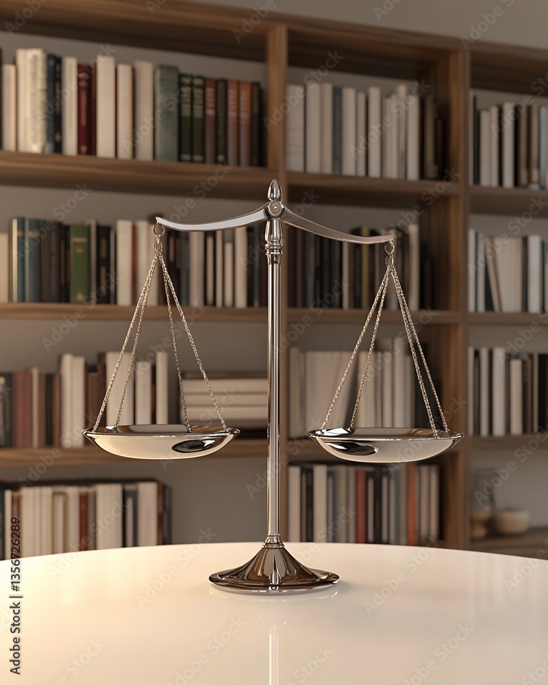 Poster Silver Scale of Justice on Table with Bookshelf Background