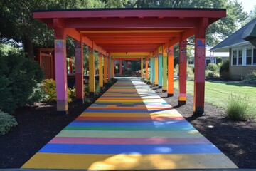 Colorful walkway stretches through vibrant park in sunny afternoon light