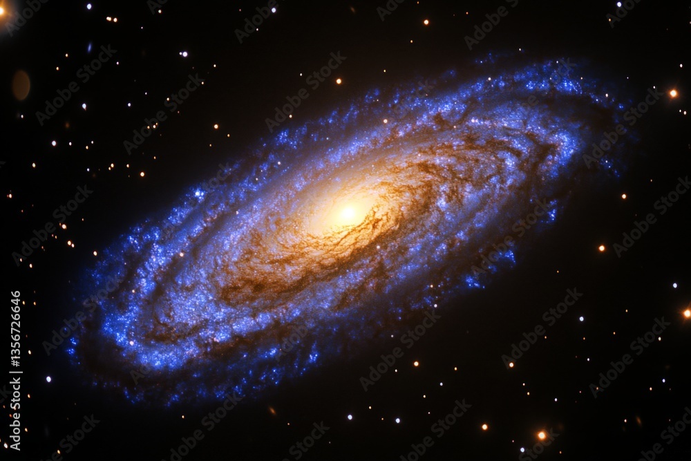 Poster Stunning spiral galaxy illuminated by bright star cluster in deep space captured in high-resolution detail
