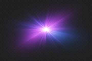 Magical special effect of flash, light star, explosion of rays and lens.
