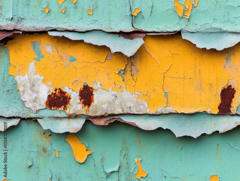 Poster weathered metal surface with peeling paint revealing rust and decay creating a textured abstract bac
