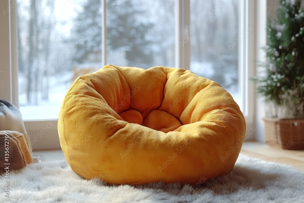 Poster cozy yellow bean bag chair in a winter setting next to a large window with snowy landscape