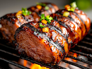 Juicy Grilled Meatloaf Slices Garnished with Fresh Herbs on a Barbecue Grill Highlighted by Flames