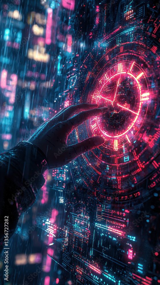 Poster glitching digital clock illuminated by neon colors with a hand reaching towards it