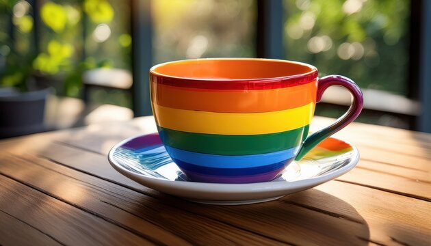 A colorful cup adorned with rainbow stripes rests on a wooden table, symbolizing pride and love.