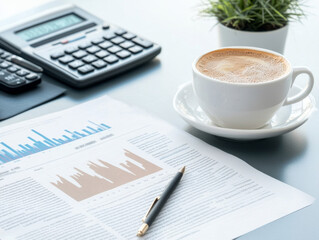 desk with cup of coffee, calculator, pen, and financial report creates focused workspace.