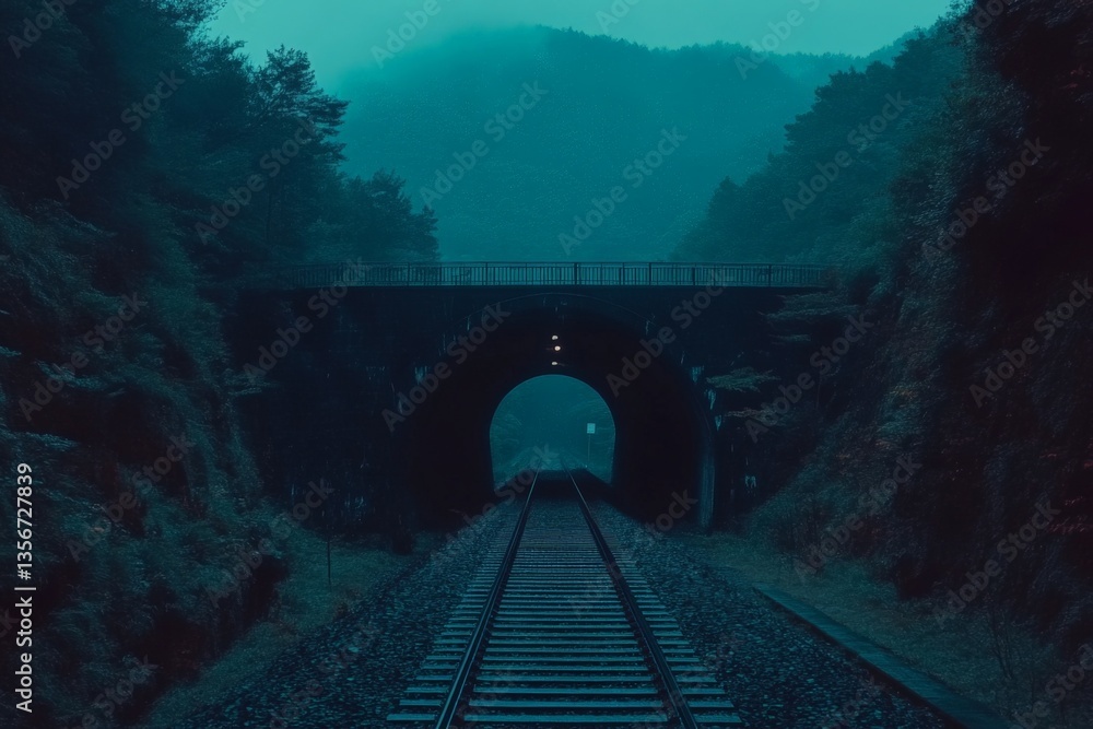 Aufkleber mysterious railway tunnel at dusk surrounded by mountains with fading light