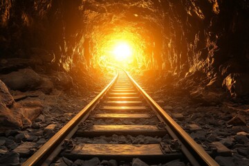 Naklejka premium Railway tracks extend into a glowing tunnel at sunset showing a bright light in a mountainous landscape