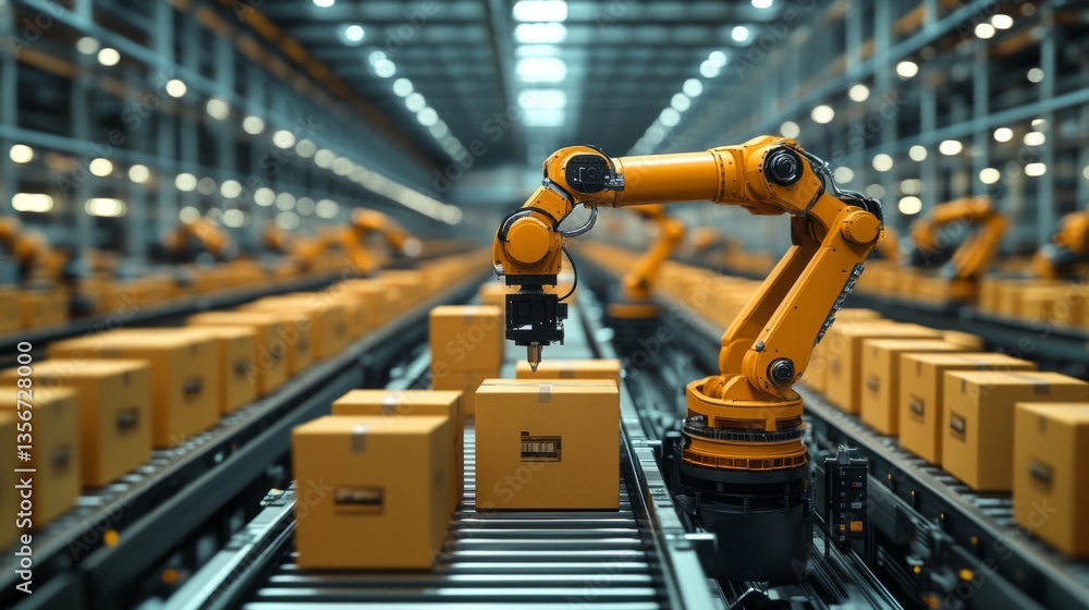 Aufkleber Robotic arms efficiently sort and package boxes on conveyor belts in a spacious warehouse dedicated to logistics and distribution activities, enhancing fulfillment speed.