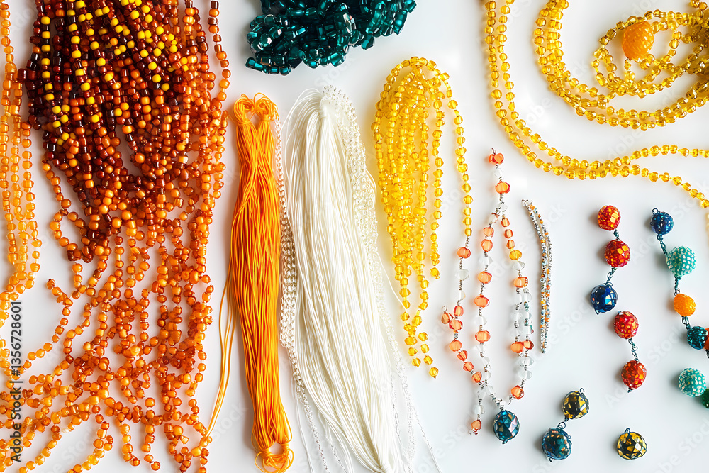 Poster artistic beadwork: a colorful array of handcrafted beads and threads, evoking the intricate beauty o