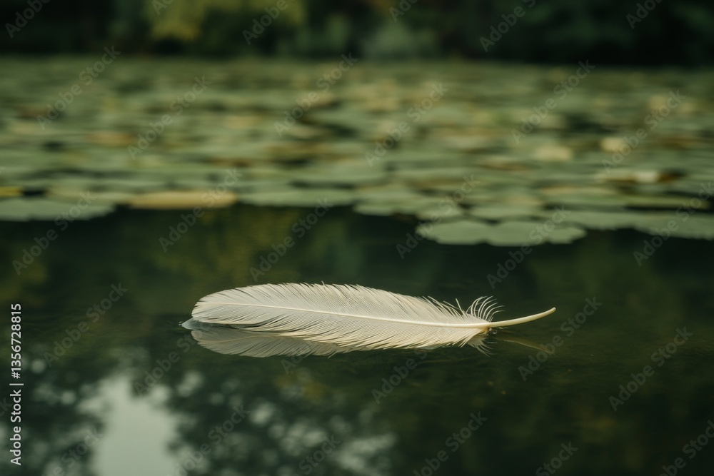 Poster soft feather floating gently on a serene pond surrounded by lily pads in the early morning light