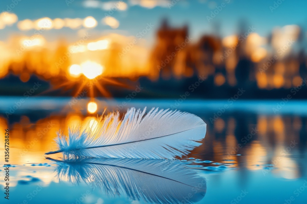 Poster soft feather resting on calm water at sunset with reflections and warm colors in the background