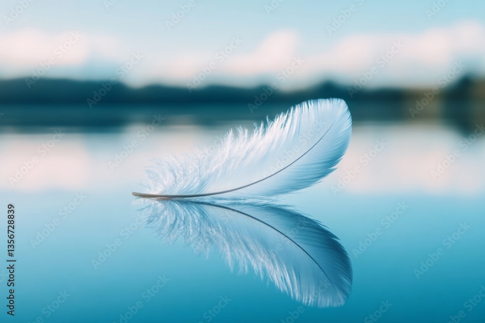 Poster delicate feather rests on calm water surface reflecting clear sky and distant landscape in serene na