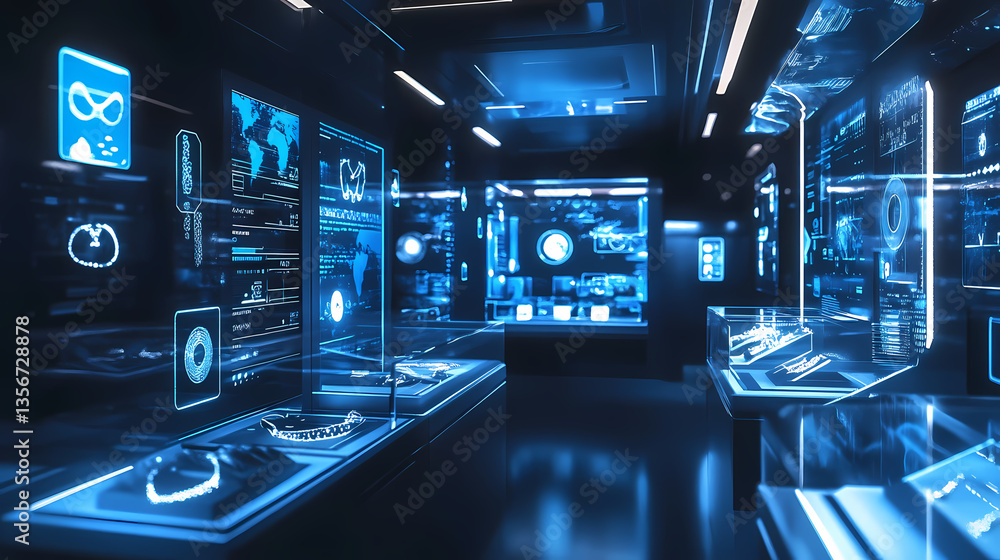 Aufkleber futuristic tech lab: a cutting-edge technology lab, illuminated with a sleek blue light, displays ad