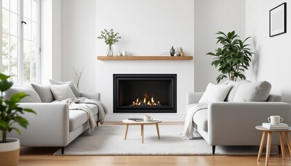 Cozy Living Room with Fireplace, Sofas, and Houseplants