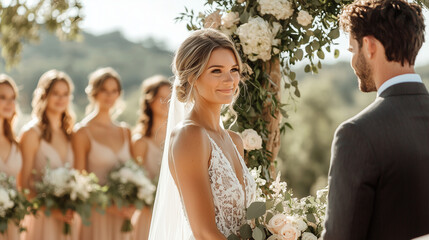 A serene outdoor wedding ceremony under a clear blue sky