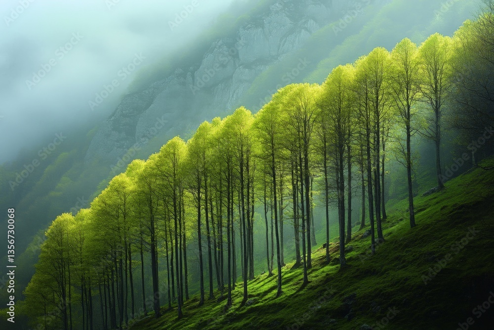 Poster lush green trees basking in soft morning light on a misty hillside in springtime