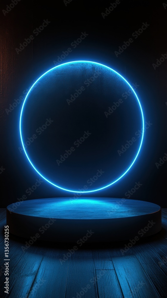 Poster minimalist dark stage with radiant blue neon circle illuminating modern platform for product display