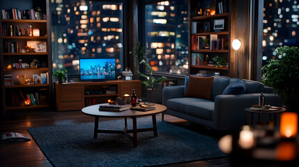 Obraz premium Modern Apartment Living Room at Night with City View